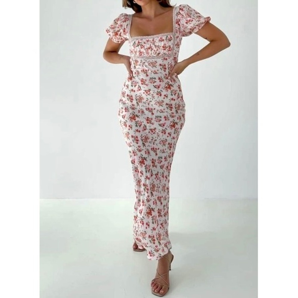 Rumored Pink Floral Lace Trim Puff Sleeve Smocked Back Maxi Dress Medium